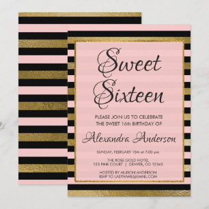 Roze Zwart Gouden Folie Streep Sweet 16 Verjaardag Kaart