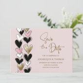 Roze Zwart Gouden Hartjes Bruiloft Save the Date (Staand voorkant)