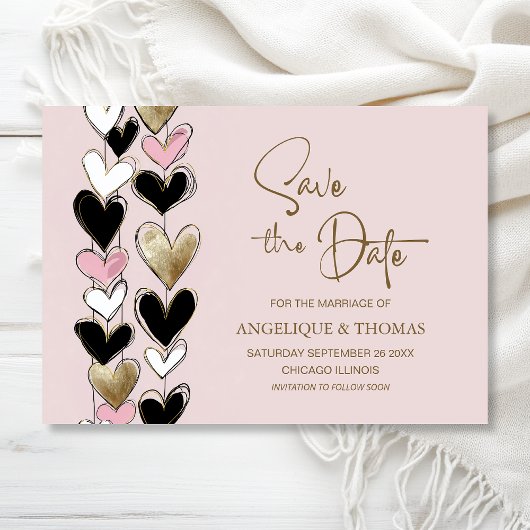 Roze Zwart Gouden Hartjes Bruiloft Save the Date