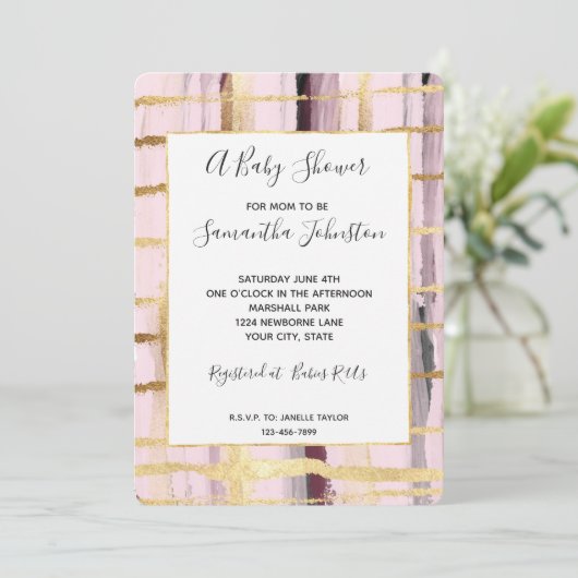 Roze Zwart Gouden Strepen Baby shower Kaart (Staand voorkant)