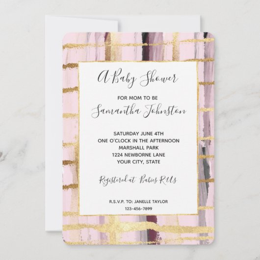 Roze Zwart Gouden Strepen Baby shower Kaart (Voorkant)