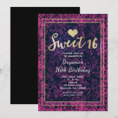 Roze & zwart gouden Sweet 16 moderne uitnodiging v (Voorkant / Achterkant)