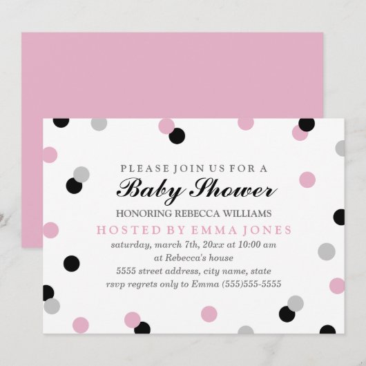 Roze Zwart Grijs Confetti Baby shower Uitnodigen Kaart (Voorkant / Achterkant)
