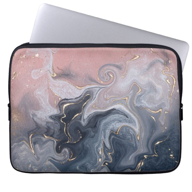 Roze Zwart Grijs Decoratief Waterverf Marmer Laptop Sleeve (Voorkant)