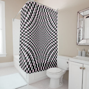 Roze Zwart Grijs Trippy Schakenbord Patroon Douchegordijn