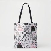 ROZE ZWART GRIJZE VALENTIJN KATTEN MUIZEN & KUSSEN TOTE BAG (Voorkant)