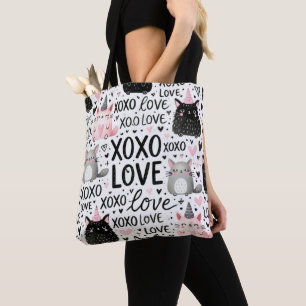 ROZE ZWART GRIJZE VALENTIJN KATTEN MUIZEN & KUSSEN TOTE BAG