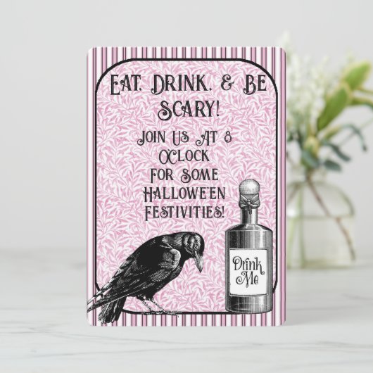 Roze Zwart Kraai Raven Halloween Kaart (Staand voorkant)