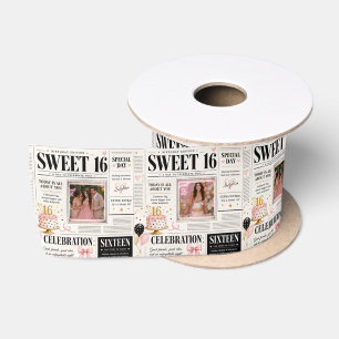 Roze Zwart Krant Sweet 16 2 Foto Aangepaste Naam Satijnen Lint