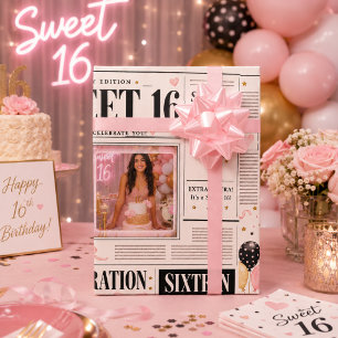Roze Zwart Krant Zoete 16 4 Foto Aangepaste Geboor Cadeaupapier