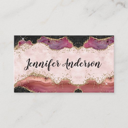 Roze zwart marmer Gold Glitter Agate Elegant Chic Visitekaartje (Voorkant)