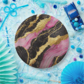 Roze Zwart Marmer Patroon met Goud Papieren Bordje (Feest)