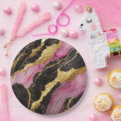 Roze Zwart Marmer Patroon met Goud Papieren Bordje (Feest)