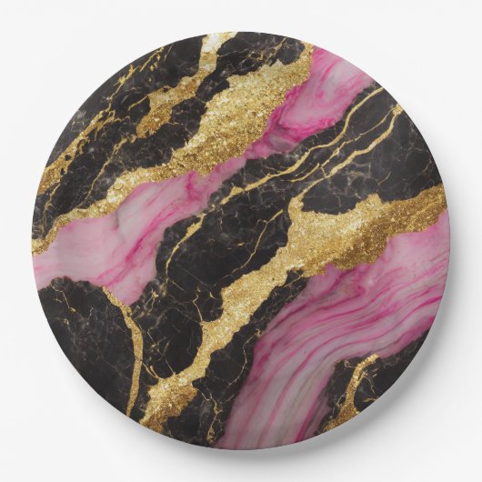 Roze Zwart Marmer Patroon met Goud Papieren Bordje (Voorkant)