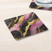 Roze zwart marmeren patroon met goud kartonnen onderzetters (Schuin)