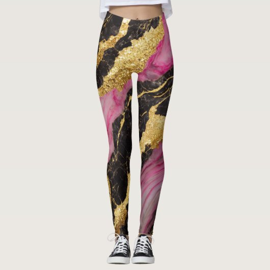 Roze zwart marmeren patroon met goud leggings (Voorkant)