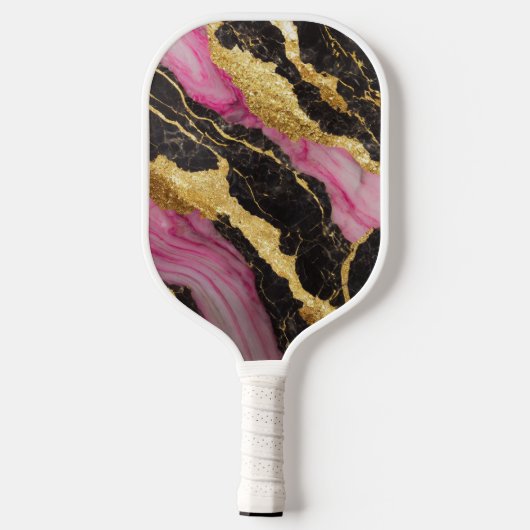 Roze zwart marmeren patroon met goud pickleball paddle (Achterkant)