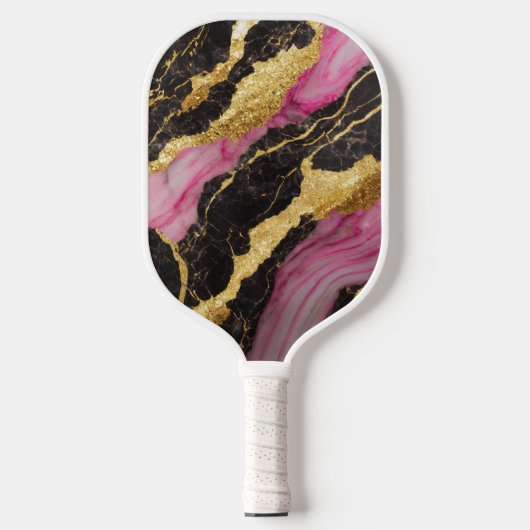 Roze zwart marmeren patroon met goud pickleball paddle (Voorkant)