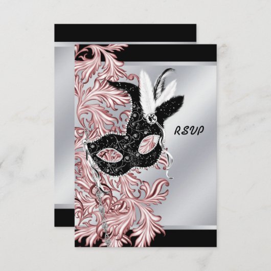 Roze Zwart Masker Roze Zwart Masquerade Party RSVP (Voorkant / Achterkant)
