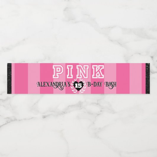 ROZE & Zwart Meisje Verjaardagsfeestje Custom Age Waterfles Etiket (Enkel label)