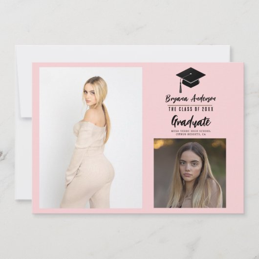Roze Zwart Modern Afstuderen 2 Fotoaankondiging Kaart (Voorkant)