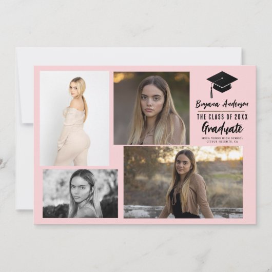Roze Zwart Modern Afstuderen 4 Fotoaankondiging Kaart (Voorkant)