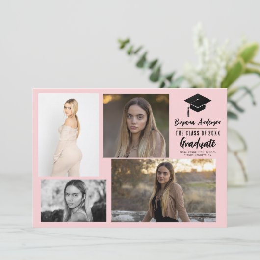 Roze Zwart Modern Afstuderen 4 Fotoaankondiging Kaart (Staand voorkant)