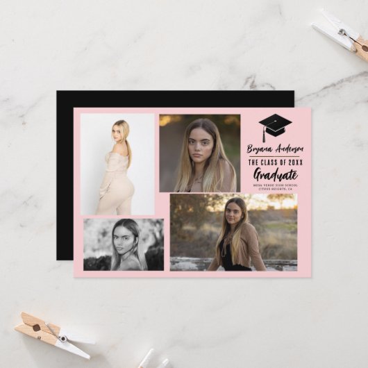 Roze Zwart Modern Afstuderen 4 Fotoaankondiging Kaart (Voorkant / Achterkant in situ)