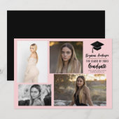 Roze Zwart Modern Afstuderen 4 Fotoaankondiging Kaart (Voorkant / Achterkant)