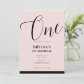 Roze Zwart Modern Minimaal Script ONE 1ST Verjaard Kaart (Staand voorkant)