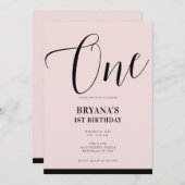 Roze Zwart Modern Minimaal Script ONE 1ST Verjaard Kaart (Voorkant / Achterkant)