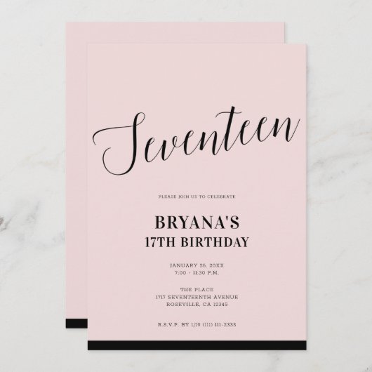 Roze Zwart Modern Minimaal Script Seventeen 17 17t Kaart (Voorkant / Achterkant)