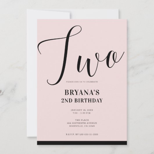 Roze Zwart Modern Minimaal Script TWEE 2E Verjaard Kaart (Voorkant)