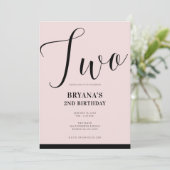 Roze Zwart Modern Minimaal Script TWEE 2E Verjaard Kaart (Staand voorkant)