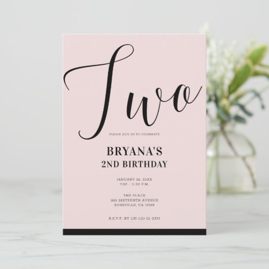 Roze Zwart Modern Minimaal Script TWEE 2E Verjaard Kaart (Staand voorkant)