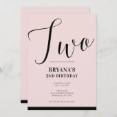 Roze Zwart Modern Minimaal Script TWEE 2E Verjaard Kaart (Voorkant / Achterkant)