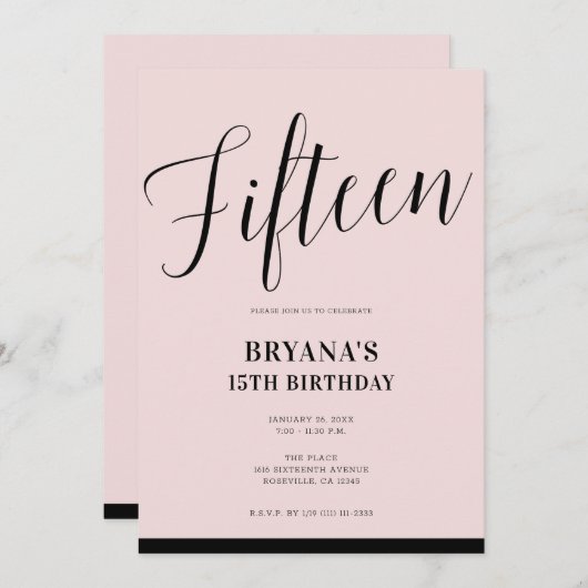 Roze & Zwart Modern Minimaal Script Vijftien 15 15 Kaart (Voorkant / Achterkant)