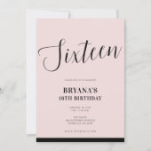 Roze & Zwart Modern Minimal Script Sweet 16 Kaart (Voorkant)
