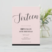 Roze & Zwart Modern Minimal Script Sweet 16 Kaart (Staand voorkant)
