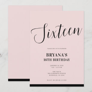 Roze & Zwart Modern Minimal Script Sweet 16 Kaart