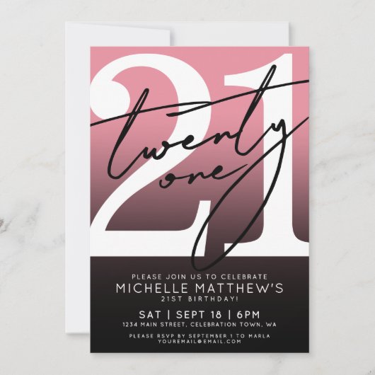 Roze Zwart Moderne 21e Verjaardag Kaart (Voorkant)
