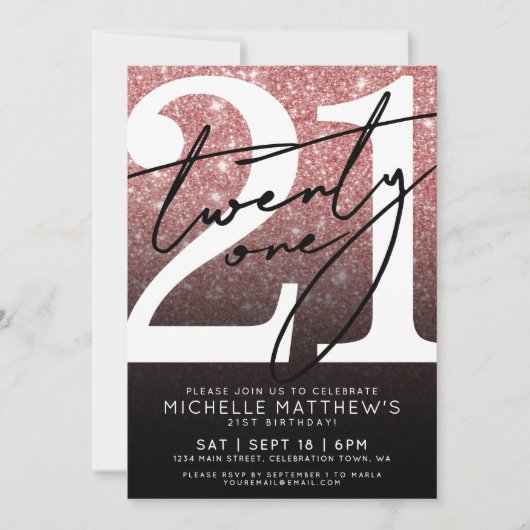 Roze Zwart Moderne Glitter 21e Verjaardag Kaart (Voorkant)