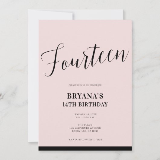 Roze Zwart Moderne Minimale Script Veertien 14 14e Kaart (Voorkant)