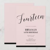 Roze Zwart Moderne Minimale Script Veertien 14 14e Kaart (Voorkant / Achterkant)