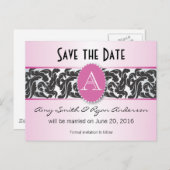 Roze & zwart monogram  Bewaar de datum Aankondigingskaart (Voorkant / Achterkant)