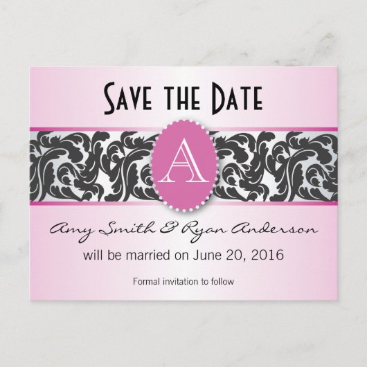 Roze & zwart monogram  Bewaar de datum Aankondigingskaart (Voorkant)