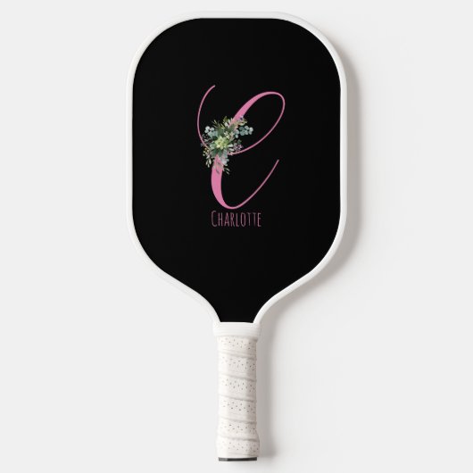 Roze zwart monogram bloem letter C Pickleball Paddle (Voorkant)