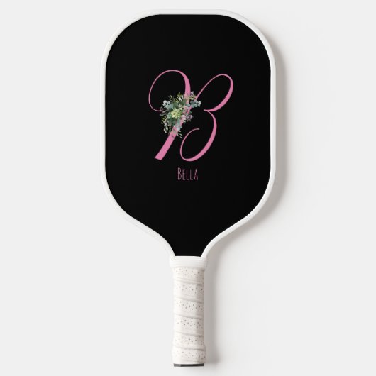 Roze zwart monogram bloemletter B Pickleball Paddle (Voorkant)