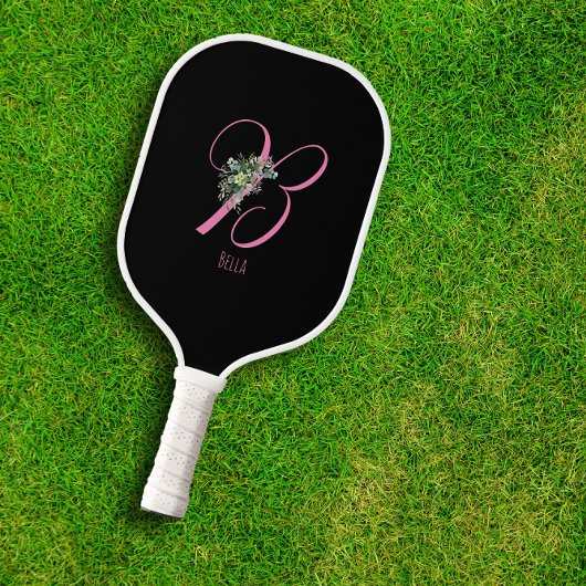 Roze zwart monogram bloemletter B Pickleball Paddle
