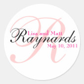 Roze Zwart Monogram Bruiloft Ronde Sticker (Voorkant)
